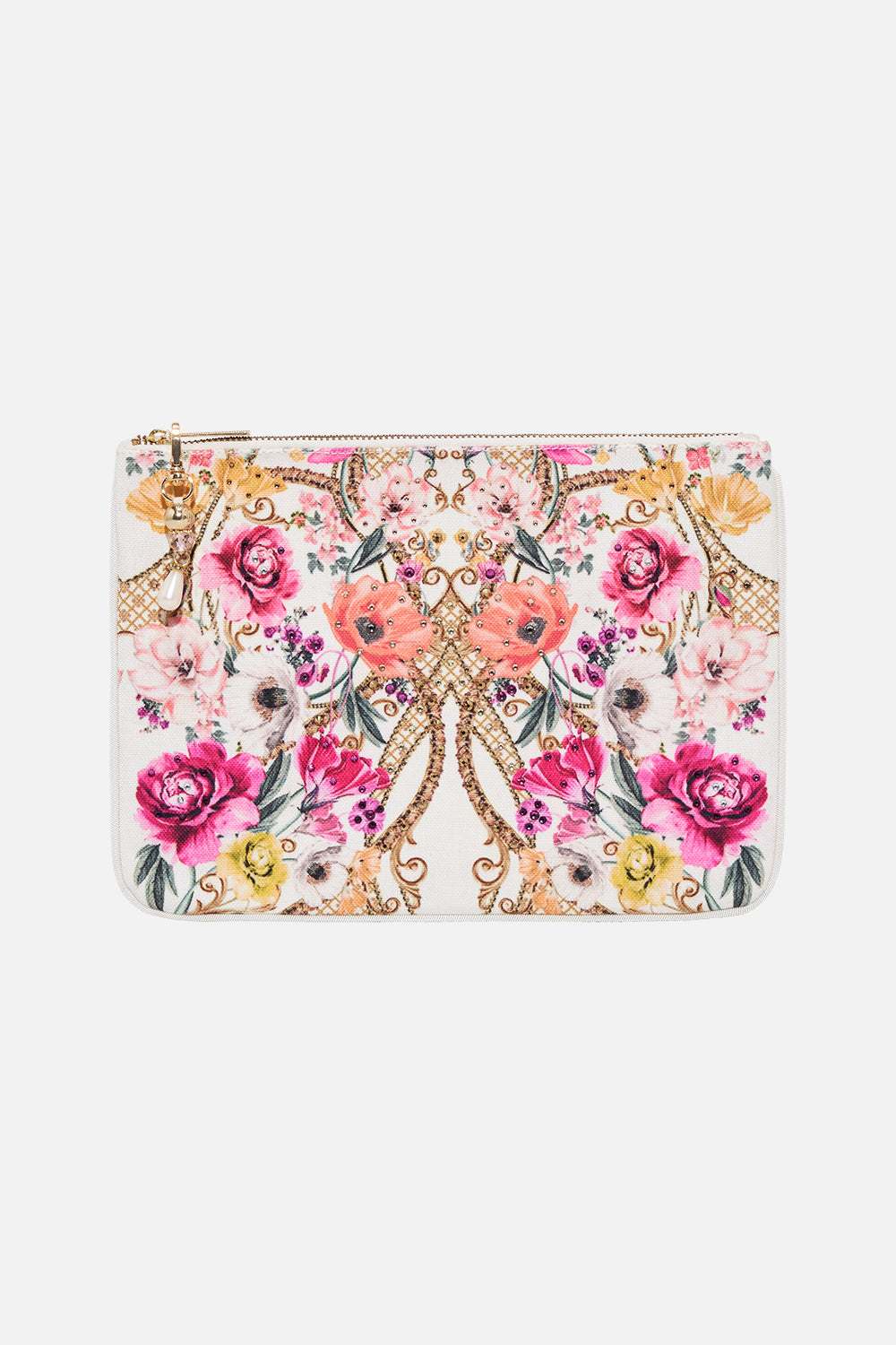 Product view of CAMILLA floral print clutch bag in Destiny Calling print