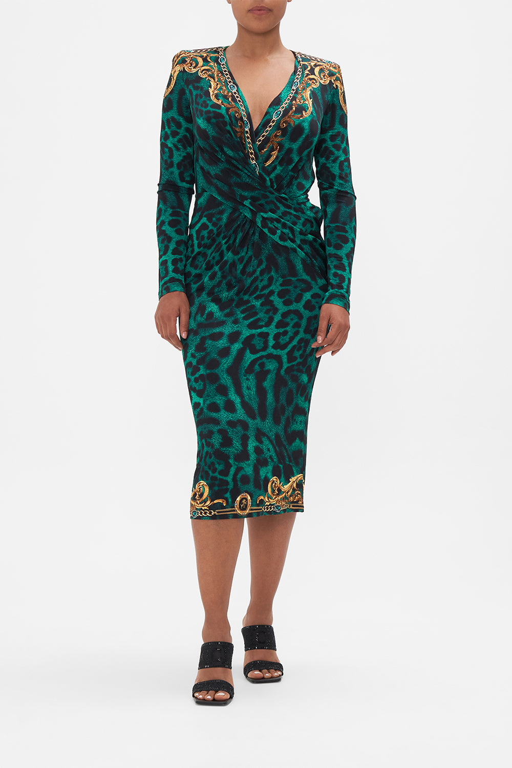 Front view of model wearing CAMILLA green animal print midi dress in Sing My Song print