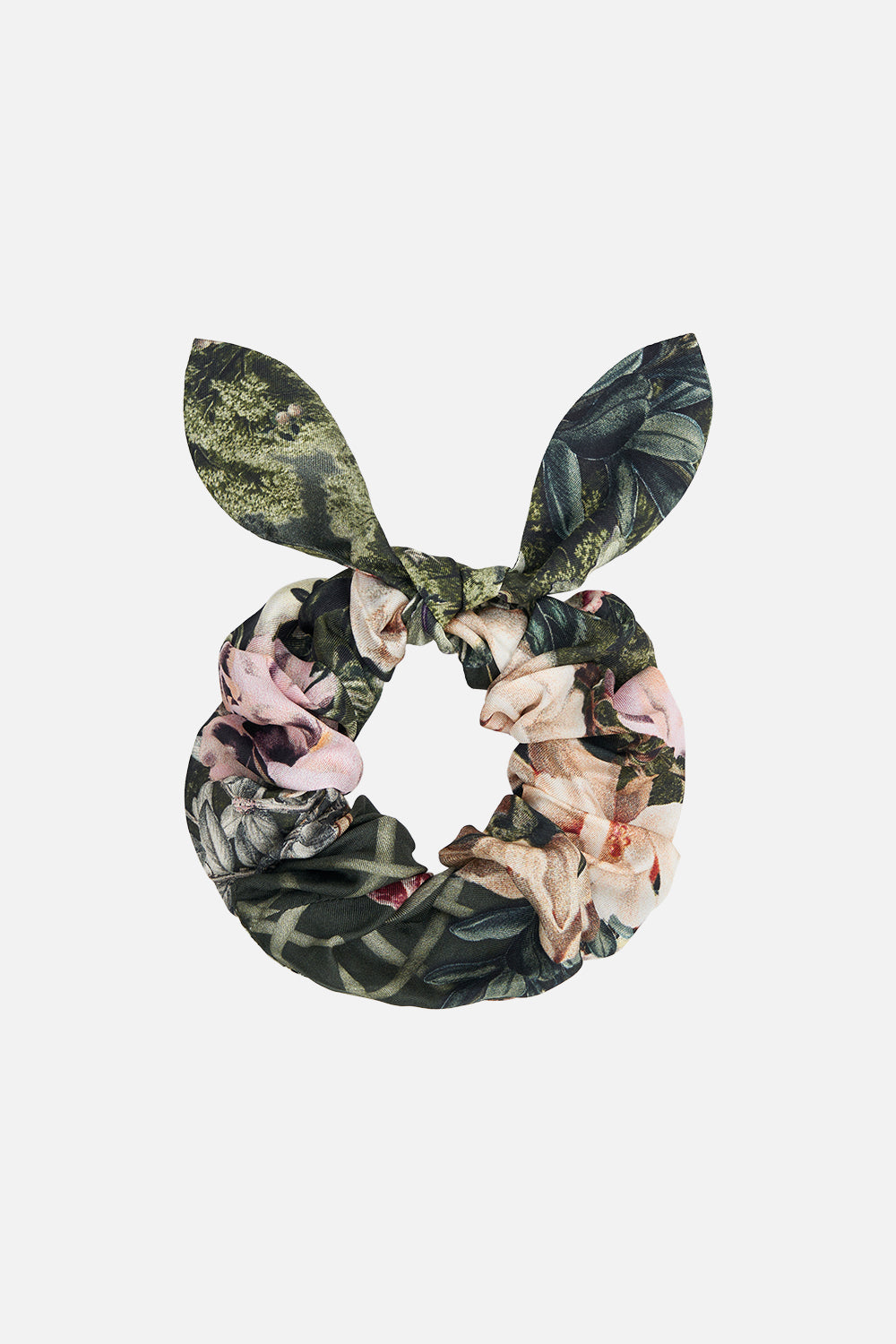 Product view of CAMILLA silk scrunchie in floral Garden of Good Fortune print