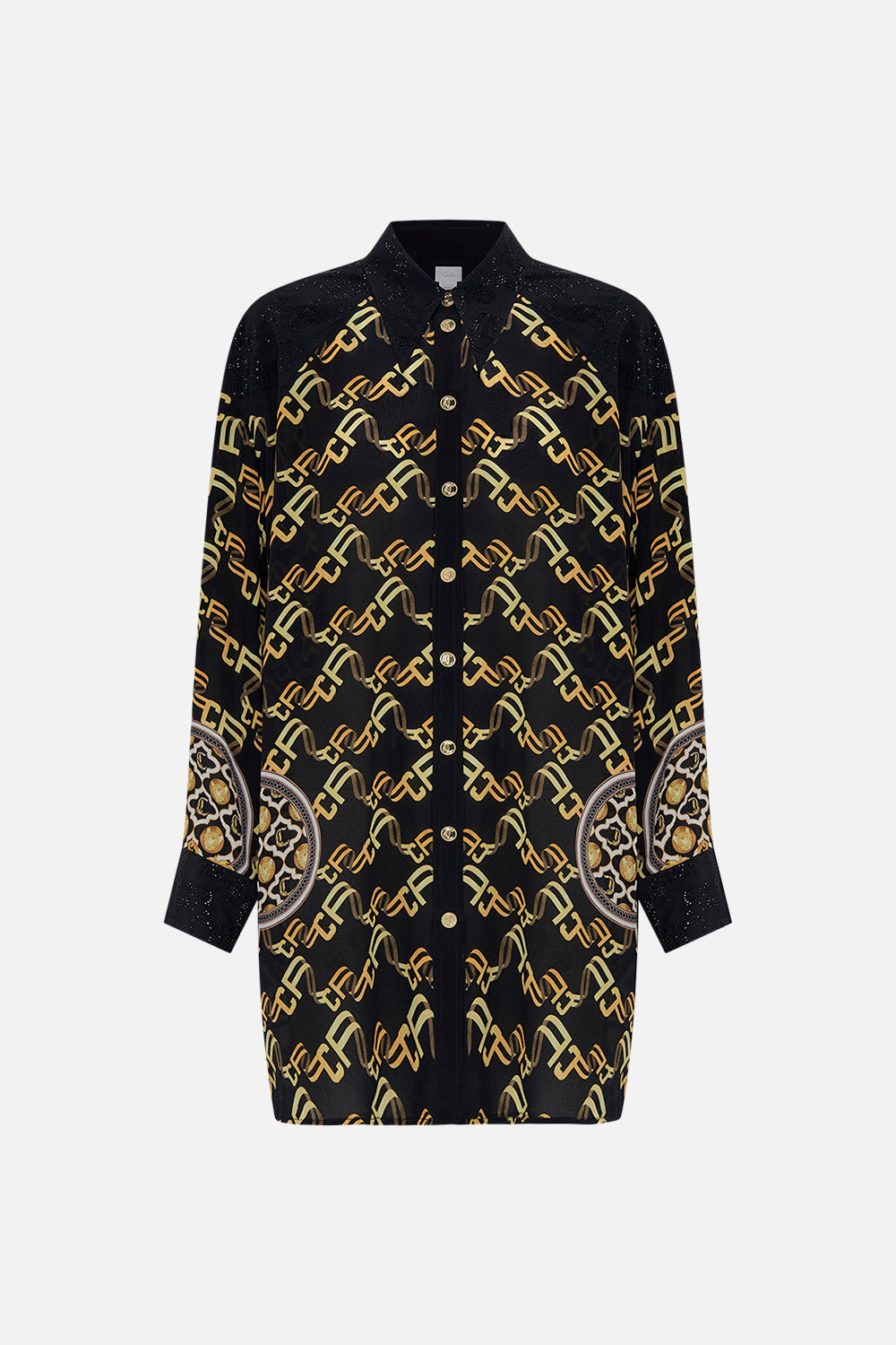 Product view of CAMILLA black silk button down shirt in Tether Me Not print