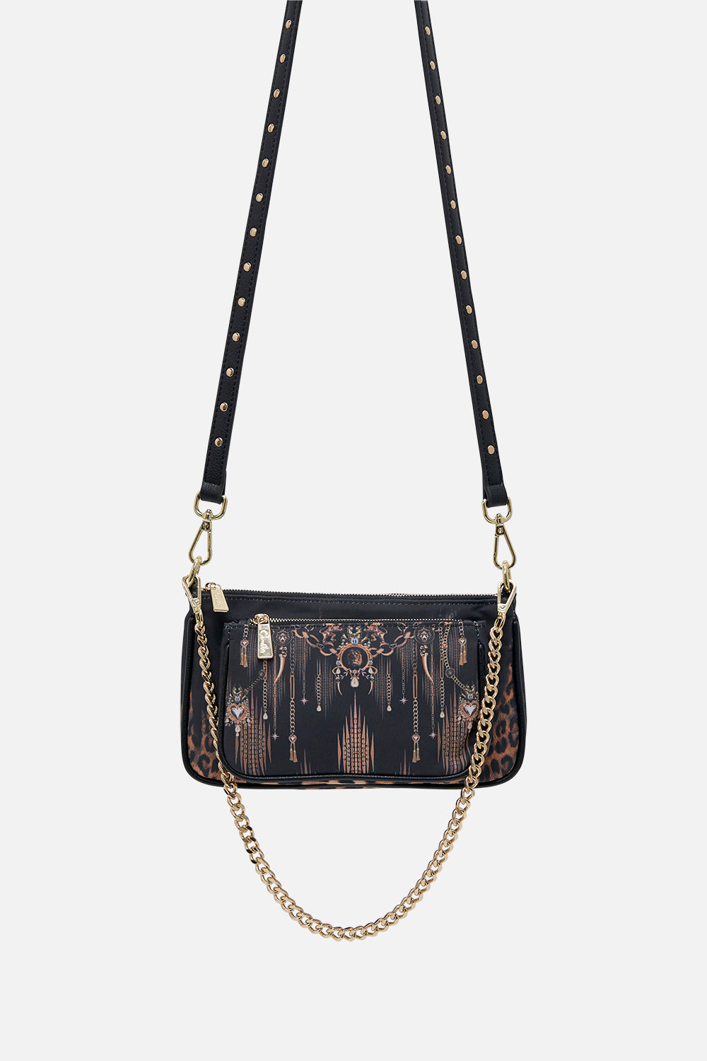 Front product view of CAMILLA black nylon bag in Jungle Dreaming animal print