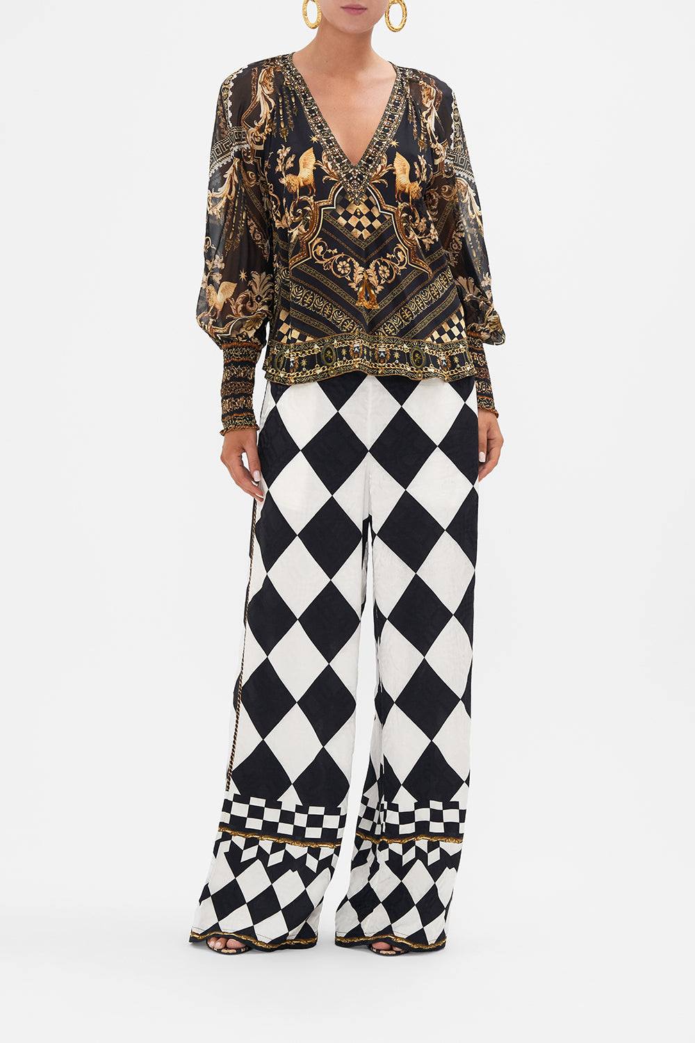 Front view of model wearing CAMILLA printed silk blouse in Duomo Dynasty print