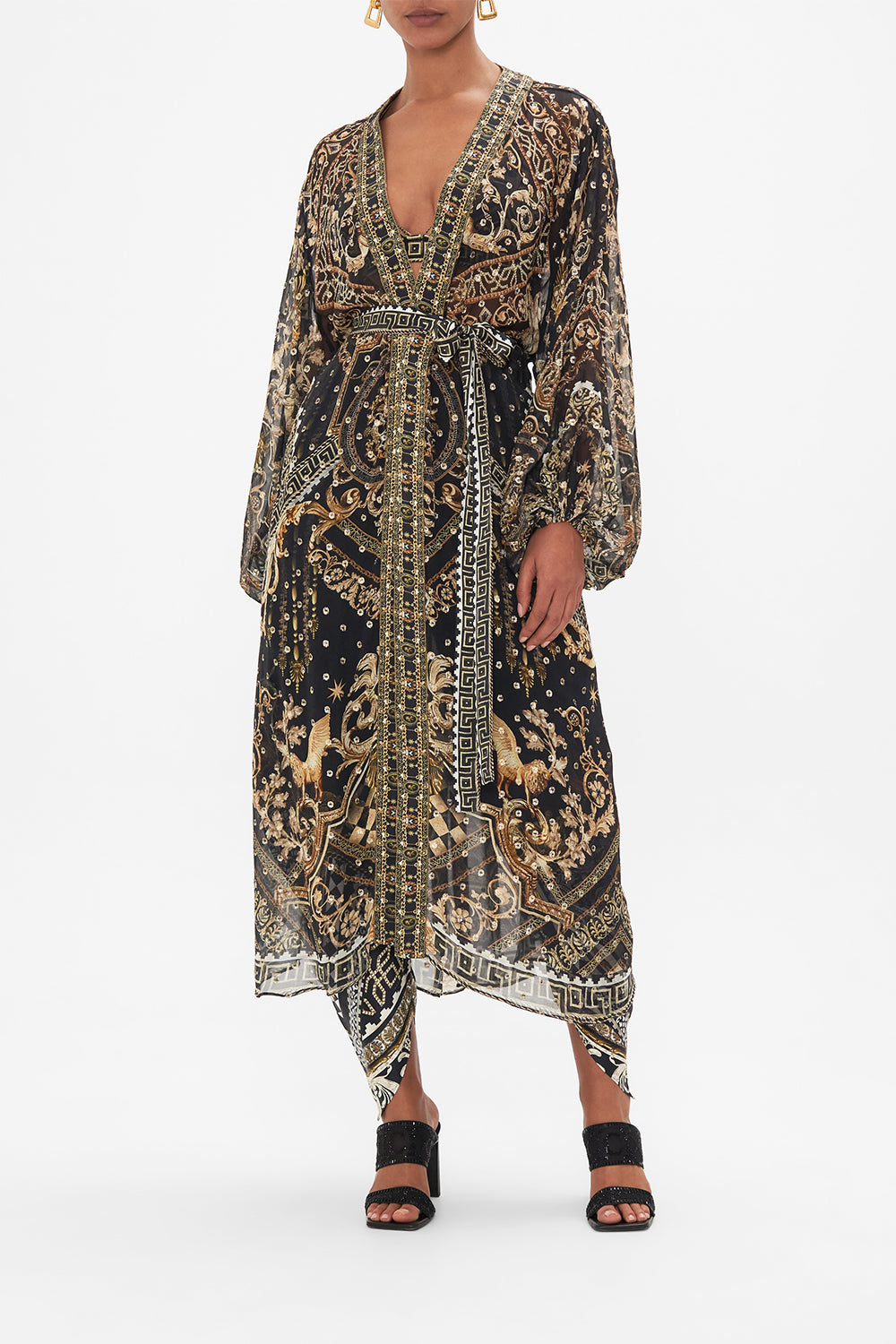 Front view of model wearing CAMILLA lightweight layer in Duomo Dynasty print