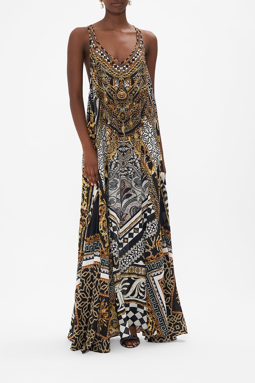 Front view of model wearing CAMILLA black and white silk maxi dress in Look Up Tesoro print