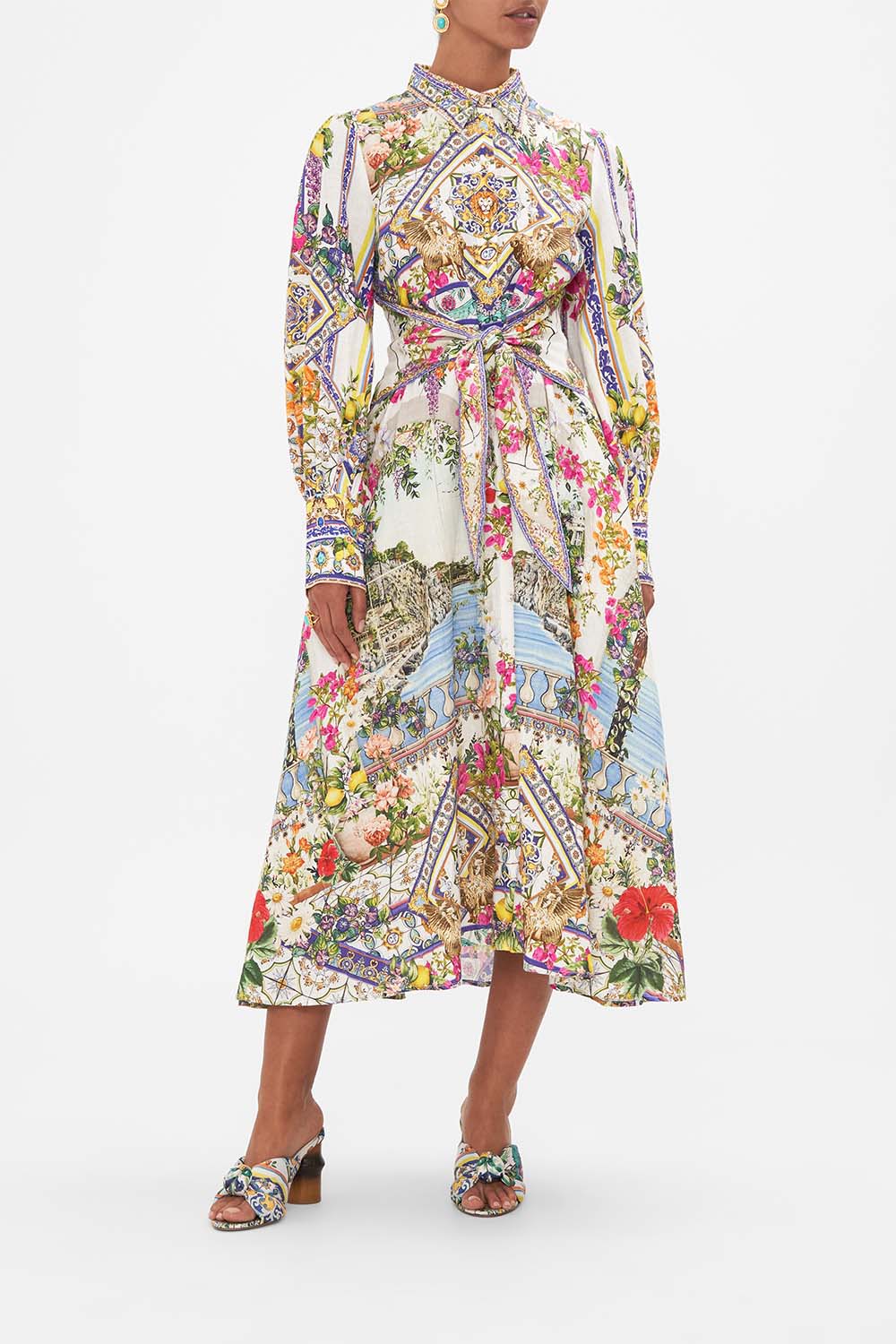 Front view of model wearing CAMILLA linen shirt dress in Amalfi Amore print