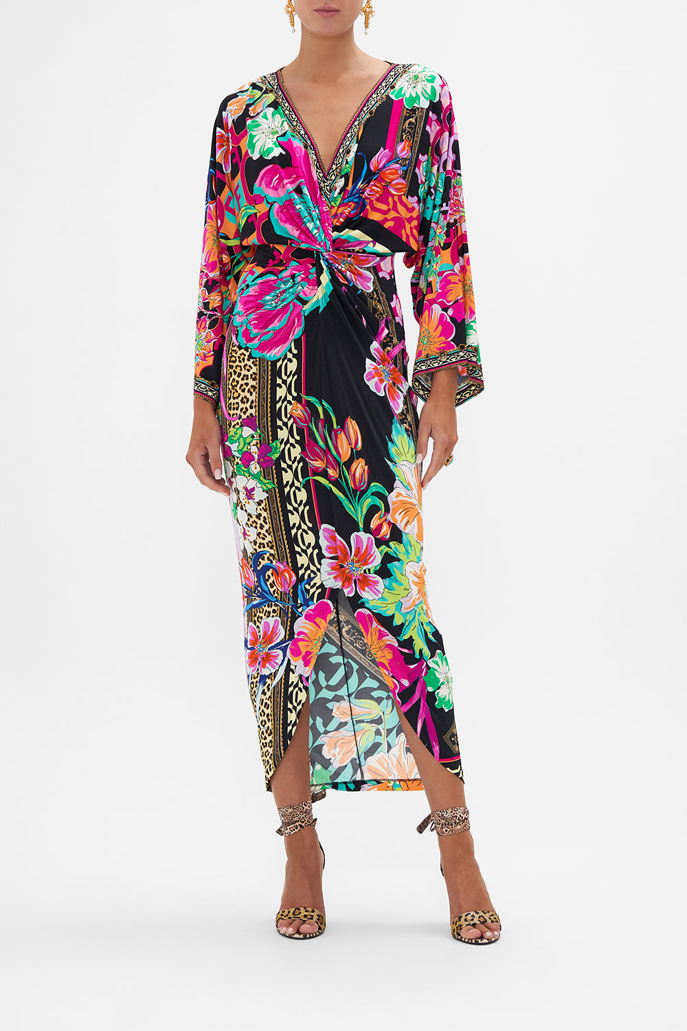 Front view of model wearing CAMILLA twist front dress in Printed Prima Vera