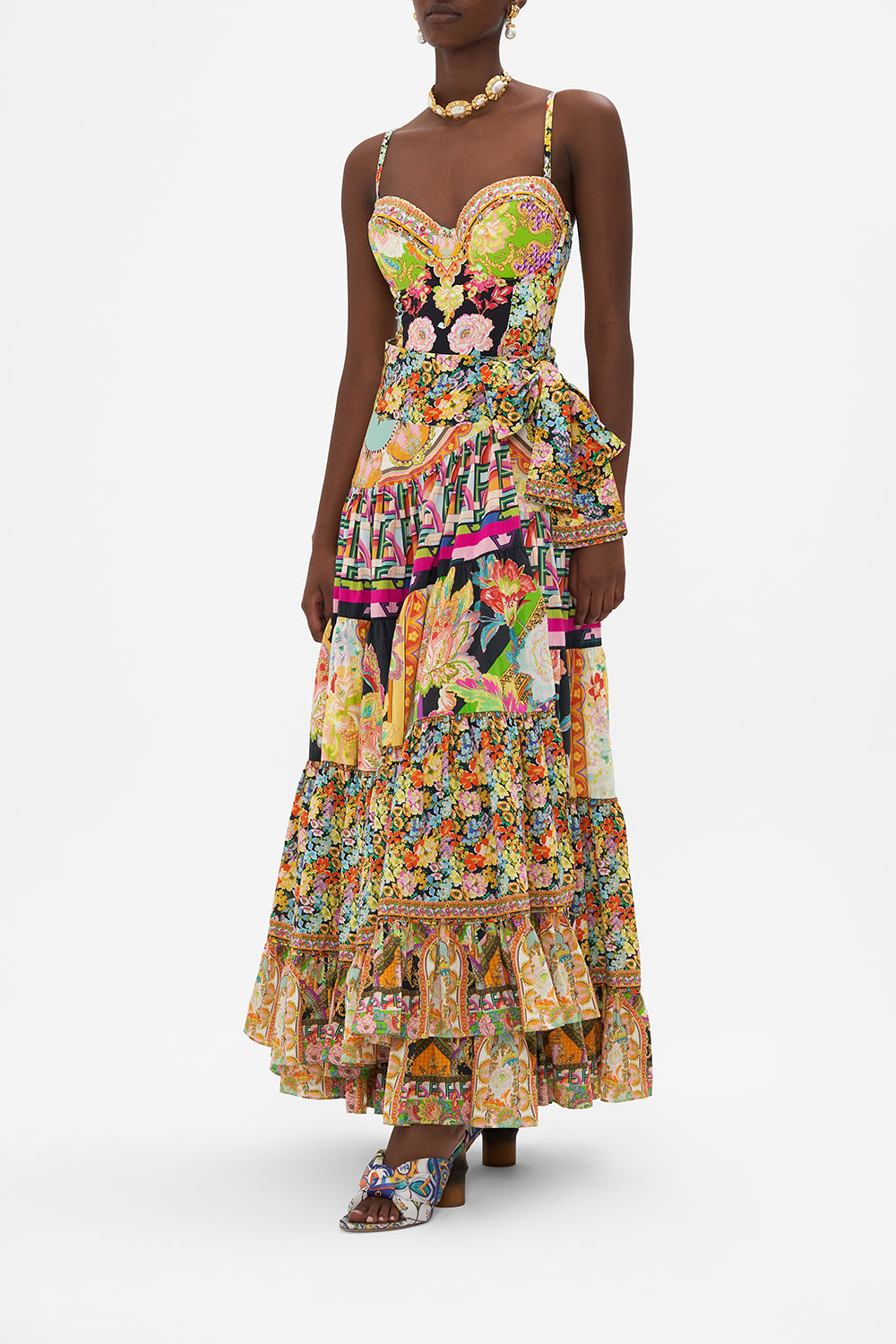 Side view of model wearing CAMILLA wrap skirt in Sundowners in Sicily print