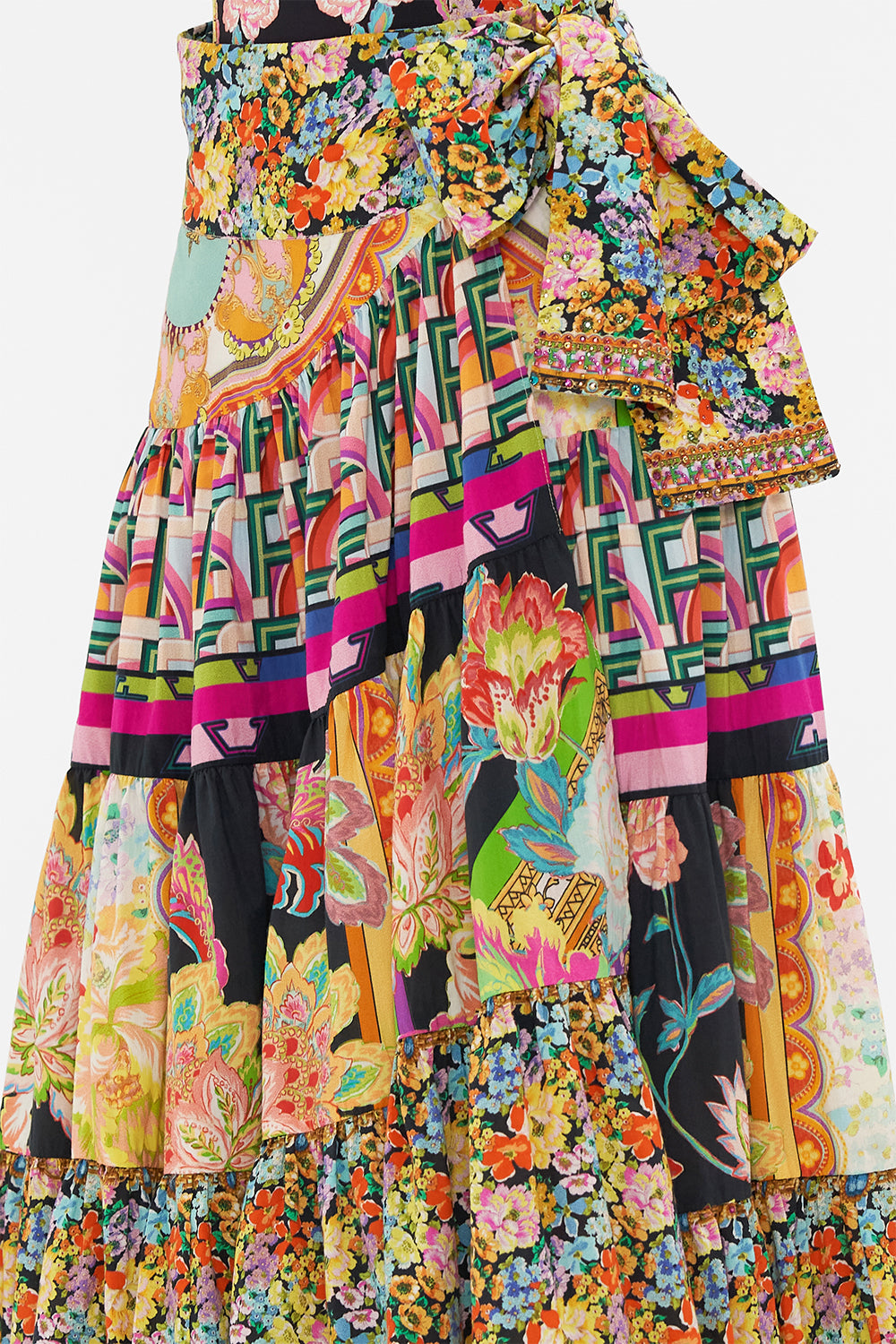 Detail view of model wearing CAMILLA wrap skirt in Sundowners in Sicily print