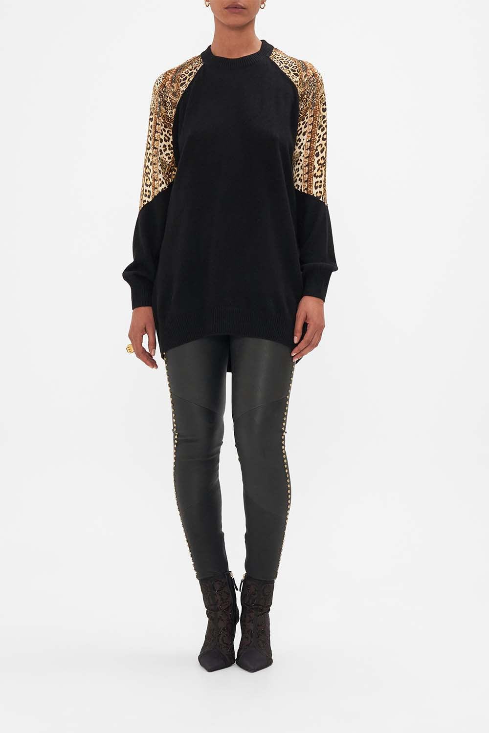 Front view of model wearing CAMILLA leopard print jumper in Standing Ovation print