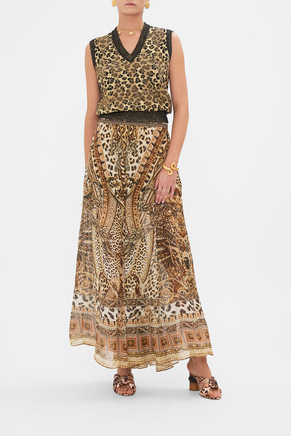 Front view of model wearing CAMILLA leopard print knit vest in Standing Ovation print