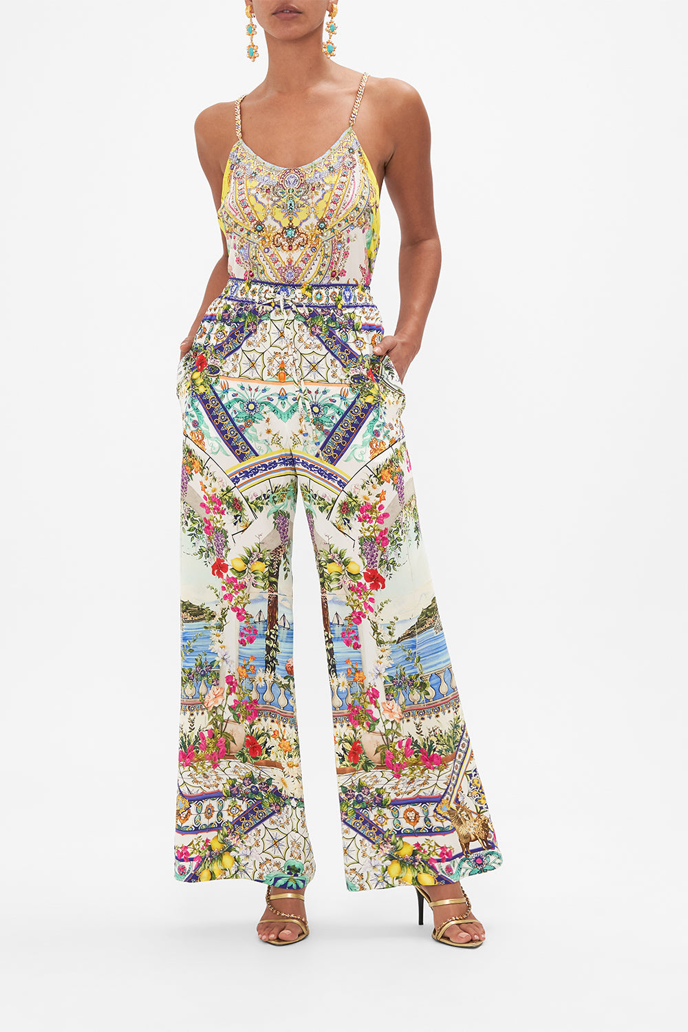 Front view of model wearing CAMILLA printed silk palazzo pant in Amalfi Amore print