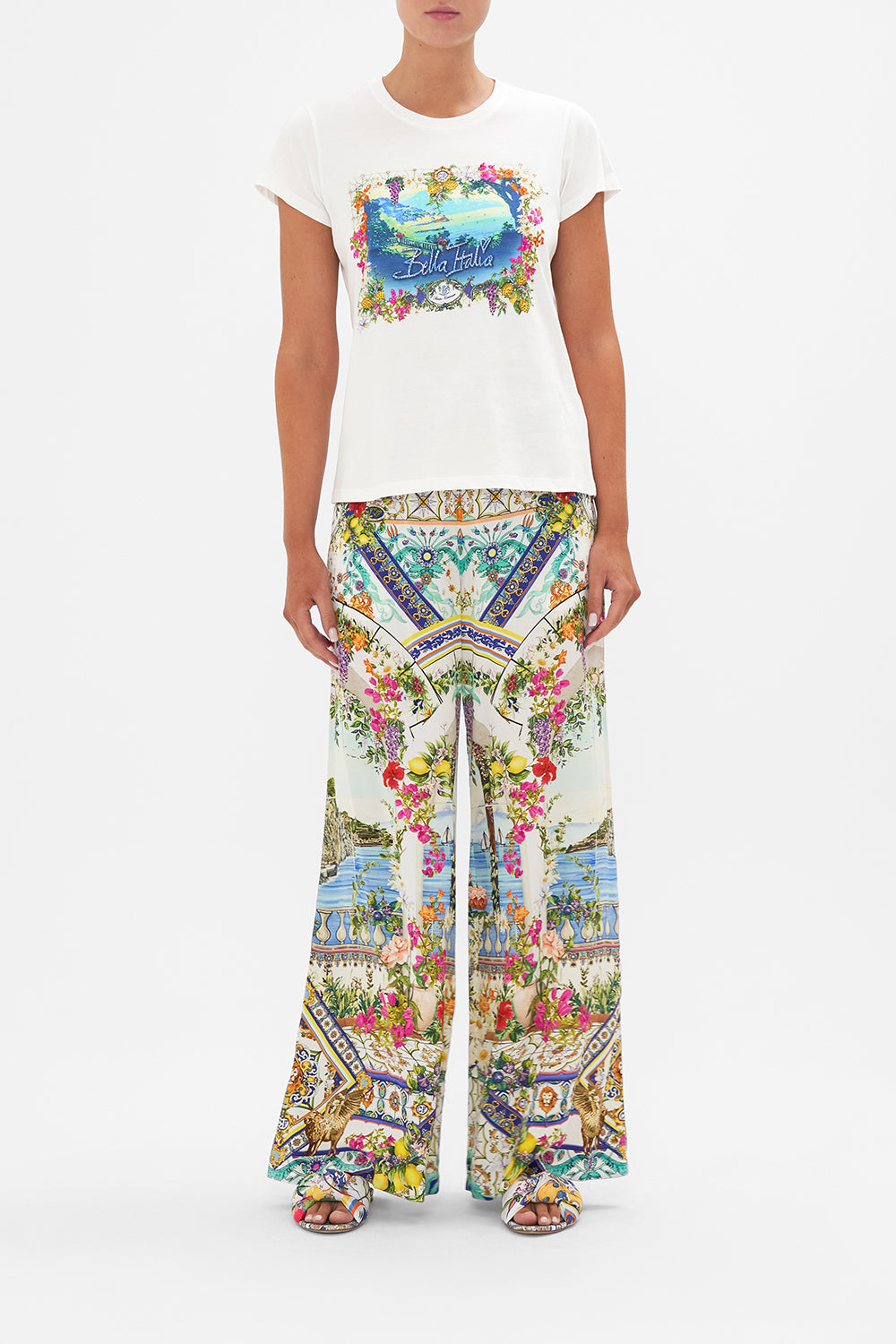 Front view of model wearing CAMILLA slim fit t shirt in Amalfi Amore print