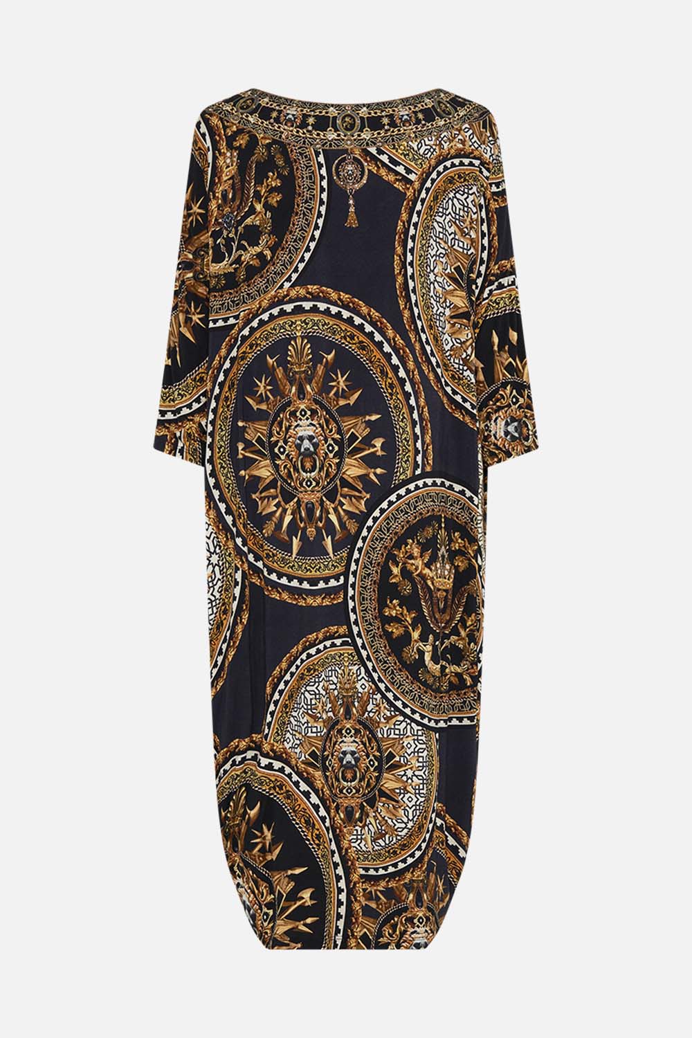 Video of model wearing CAMILLA scoop back dress in Duomo Kaleido print