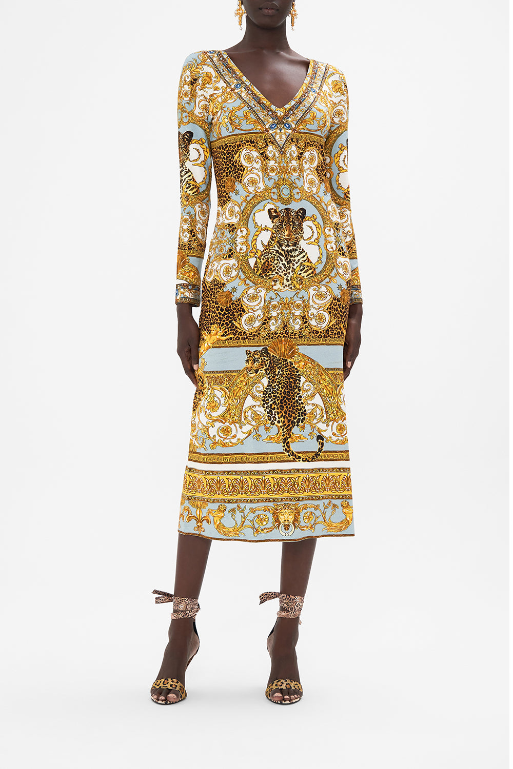 Front view of model wearing CAMILLA v neck dress in Palazzo pride print