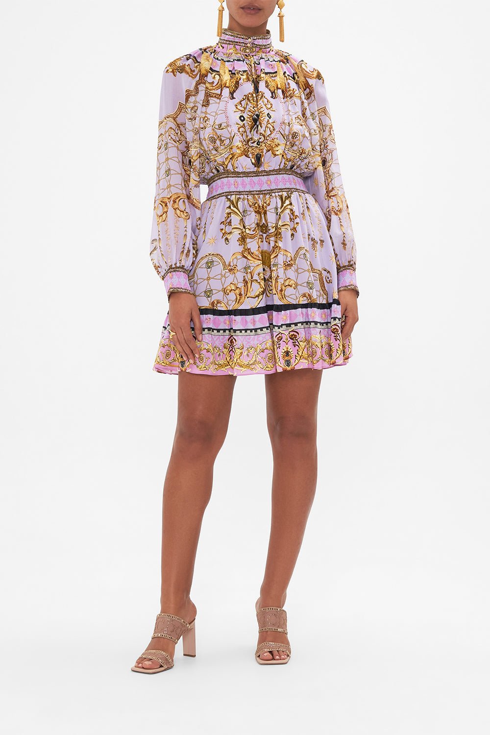 Front view of model wearing CAMILLA silk mini dress in Lavender Ever After print