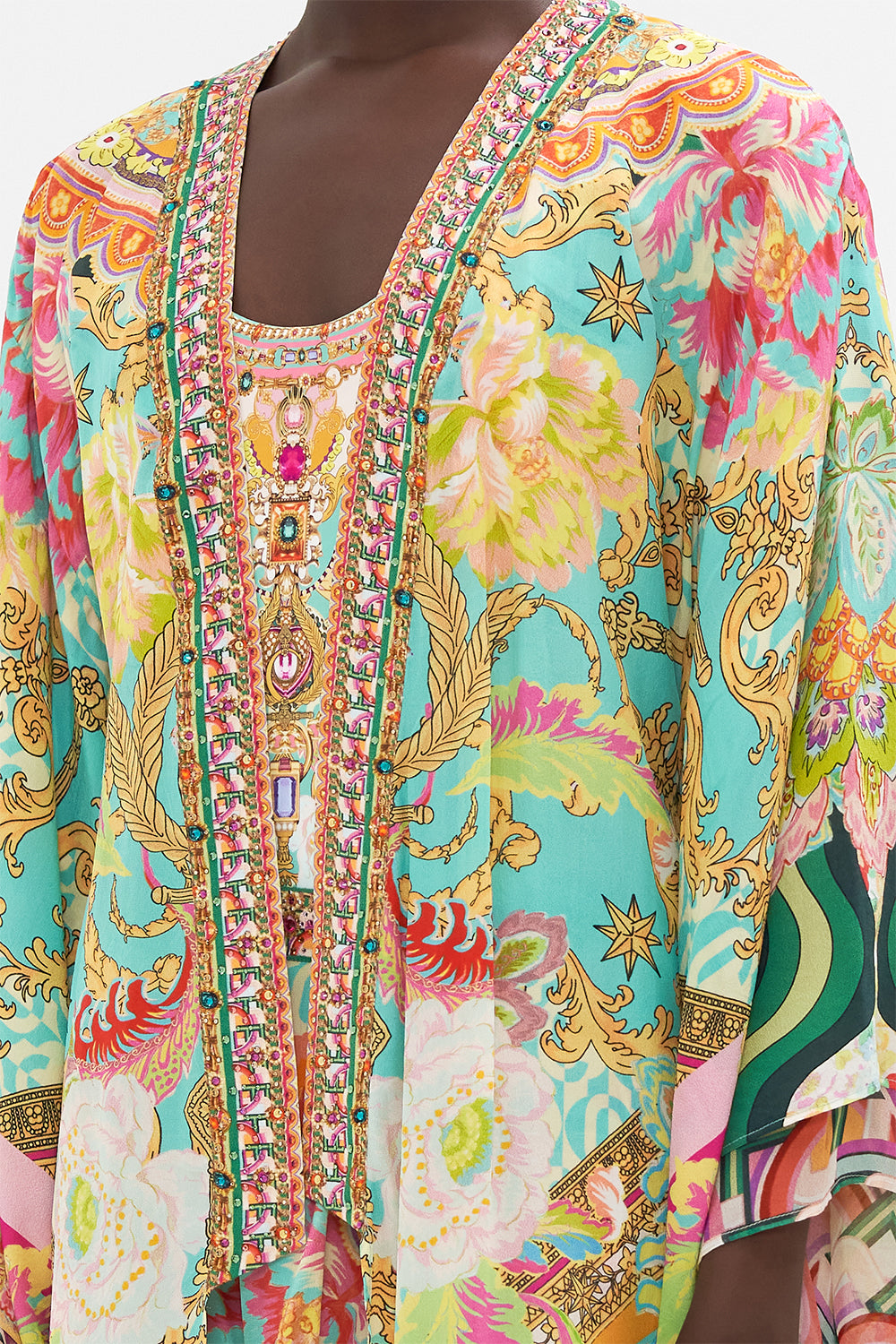 Detail view of model wearing CAMILLA silk kimono in An Italian Welcome print