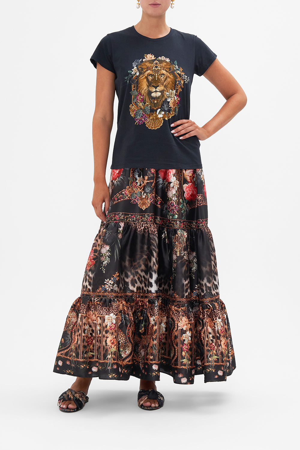 Front view of model wearing CAMILLA organic cotton slim fit tee in A Night At The Opera print