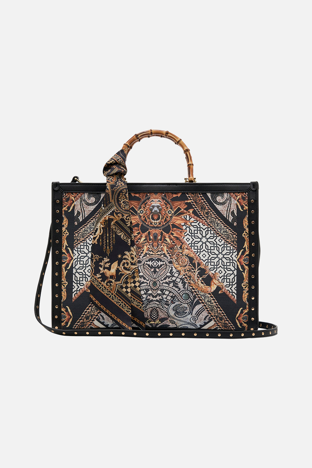 Product view of CAMILLA black and white printed tote bag in Look Up Tesoro