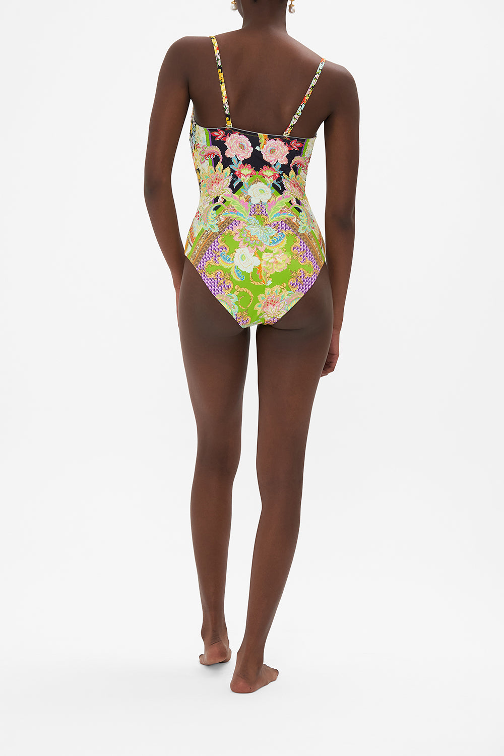 Back view of model wearing CAMILLA swimwear one piece swimsuit in Sundowners in Sicily print