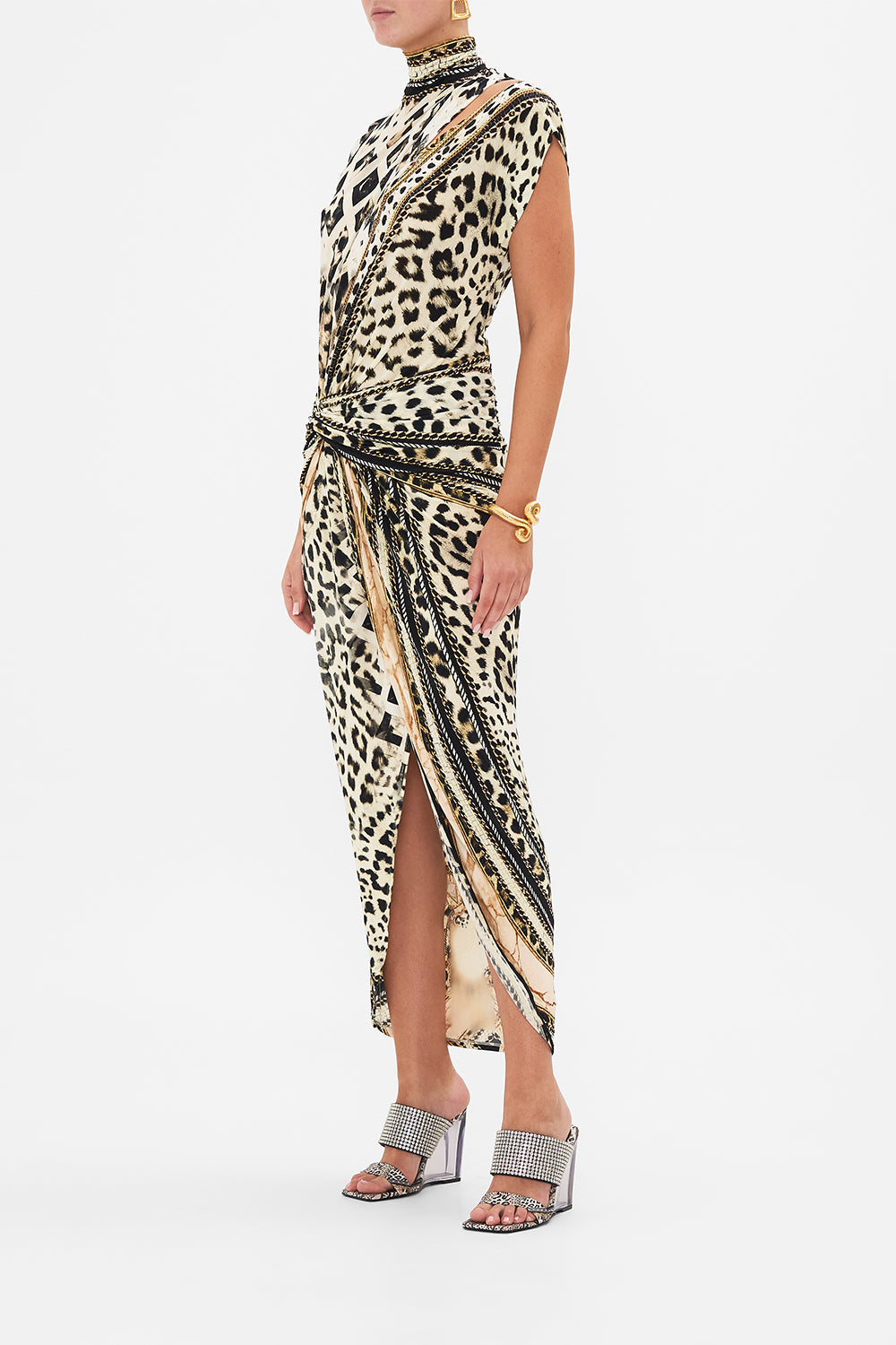 Side view of model wearing CAMILLA jersey animal print dress in Mosaic Muse print