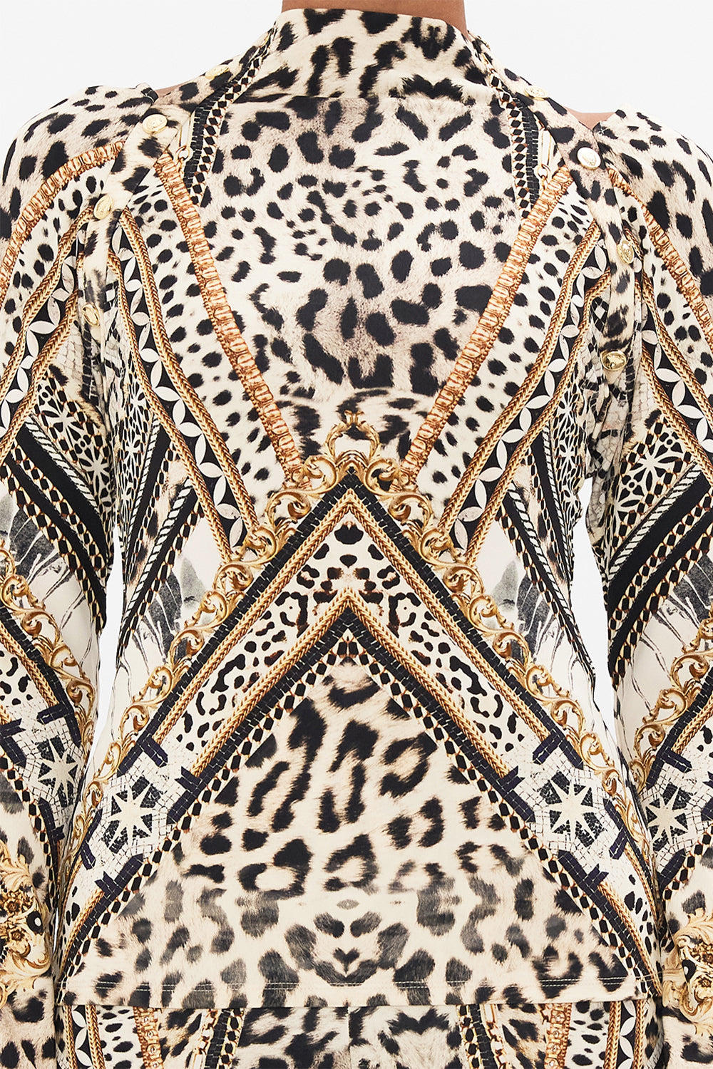 Detail view of model wearing CAMILLA animal print top in Mosaic Muse print