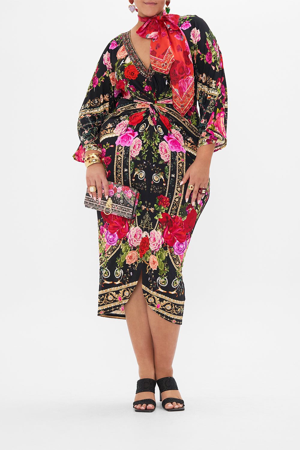 Front view of curvy model wearing CAMILLA plus size floral midi dress in Reservation For Love print