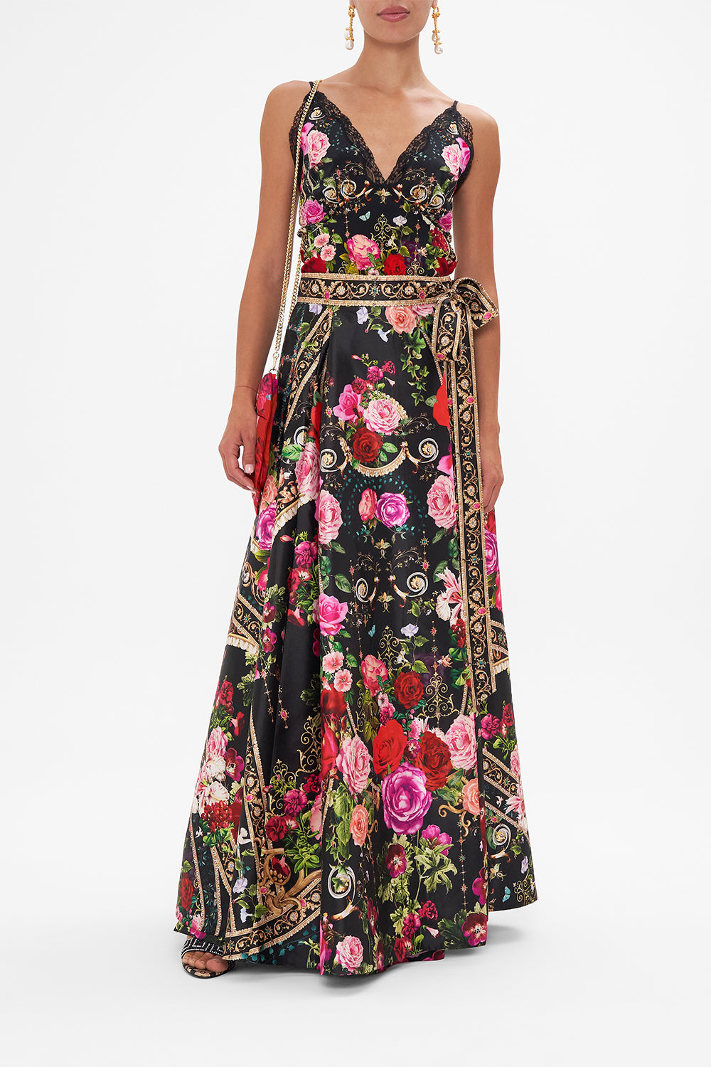 Front view of model wearing CAMILLA silk cami with lace edge in Reservation For Love print