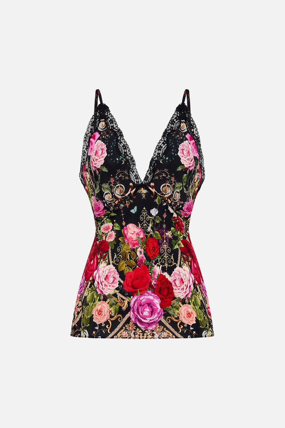 Product view of CAMILLA silk cami with lace edge in Reservation For Love print