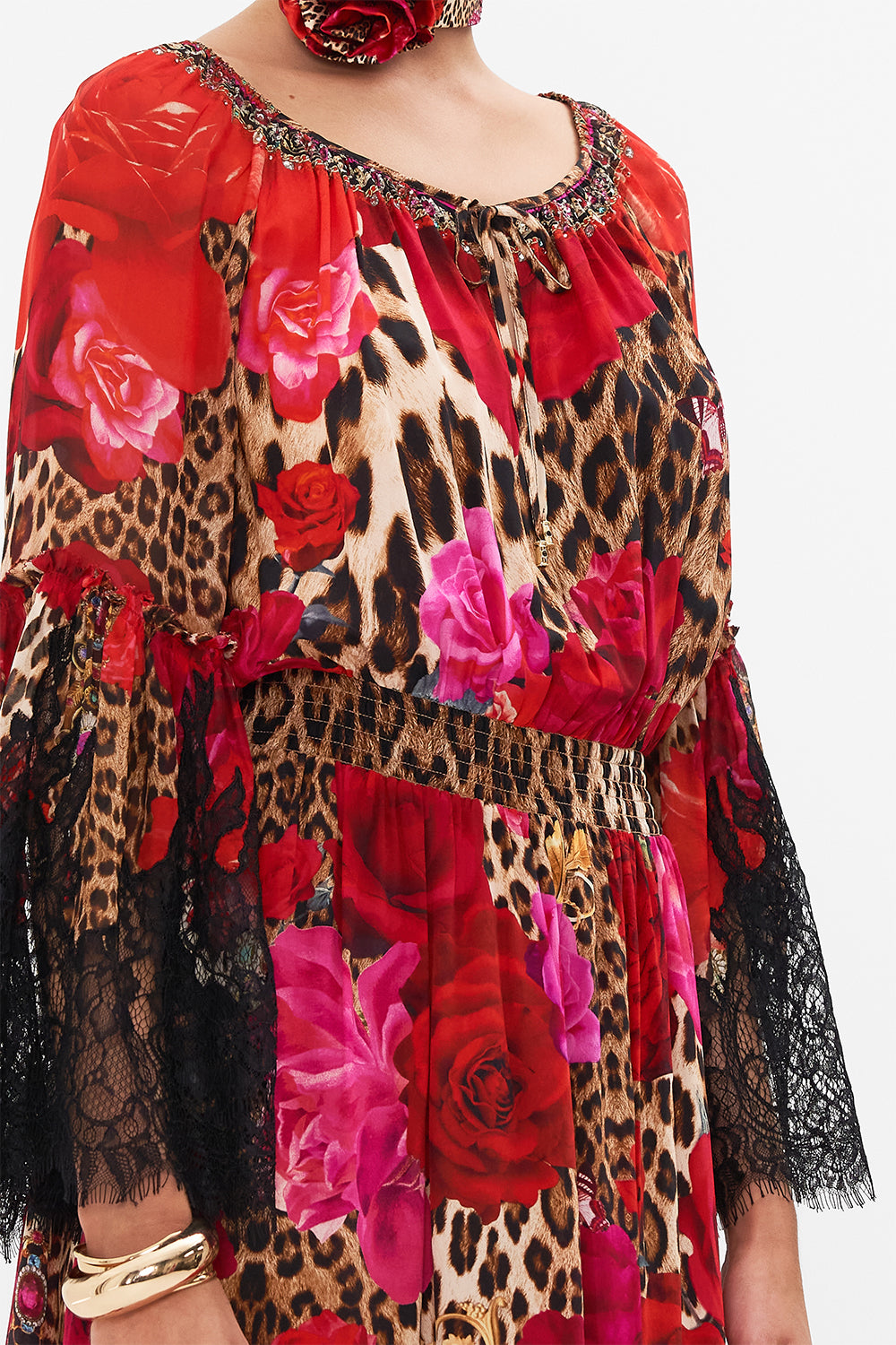 Detail view of model wearing CAMILLA floral silk maxi drress in Heart Like A Wildflower print