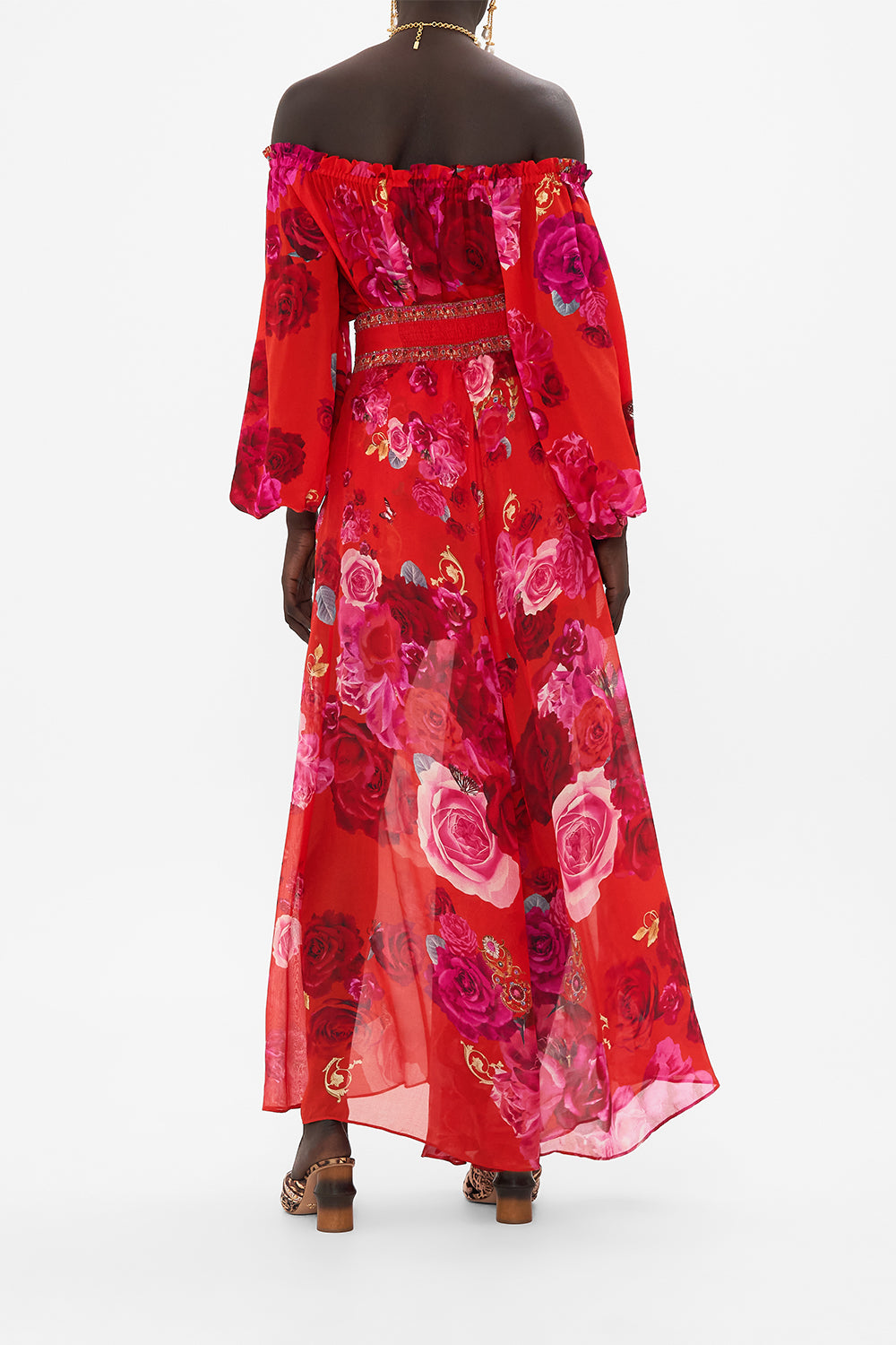 Back view of model wearing CAMILLA silk palazzo pant in An Italian Rosa print