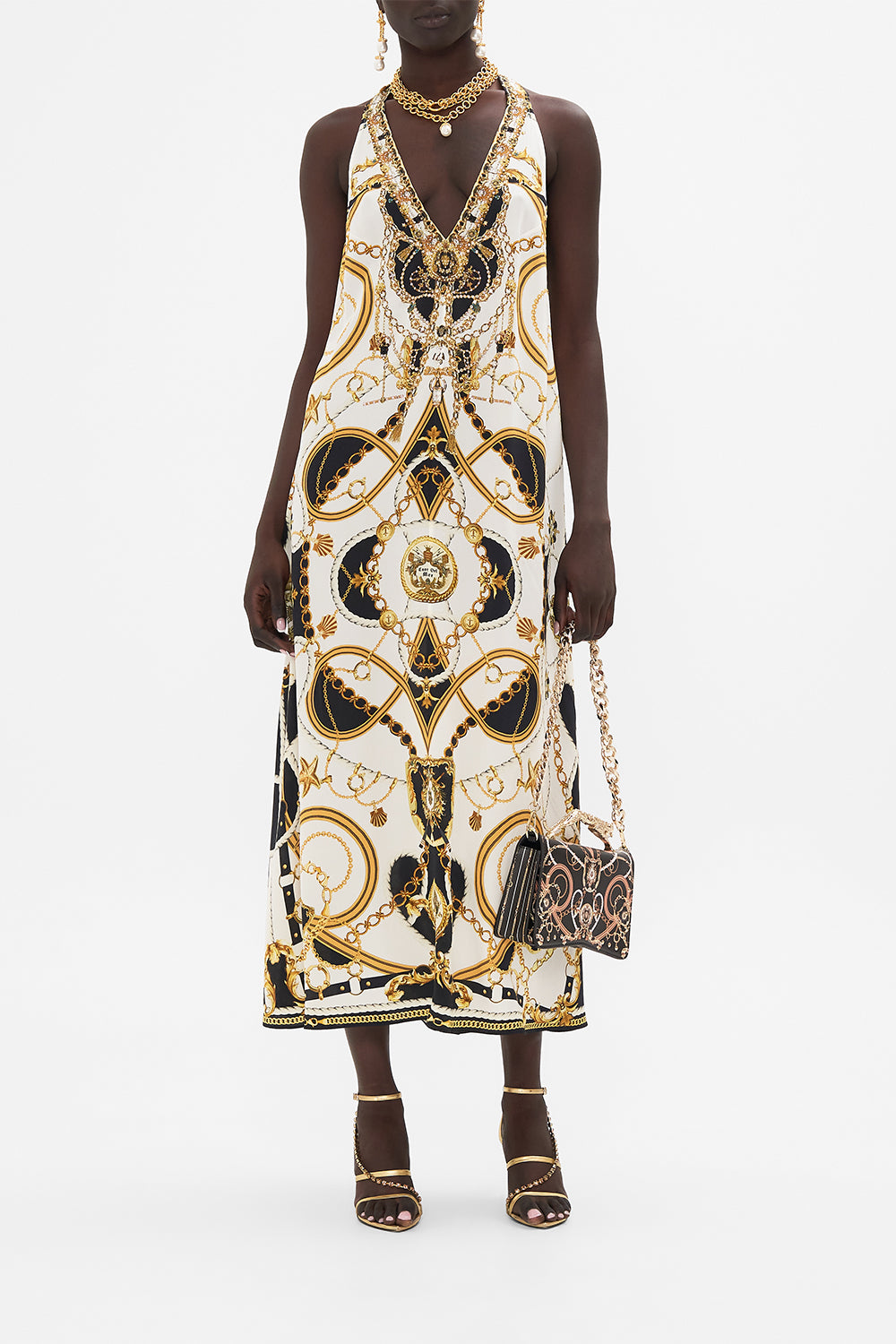 Front view of model wearing CAMILLA reacerback dress in Sea Charm print