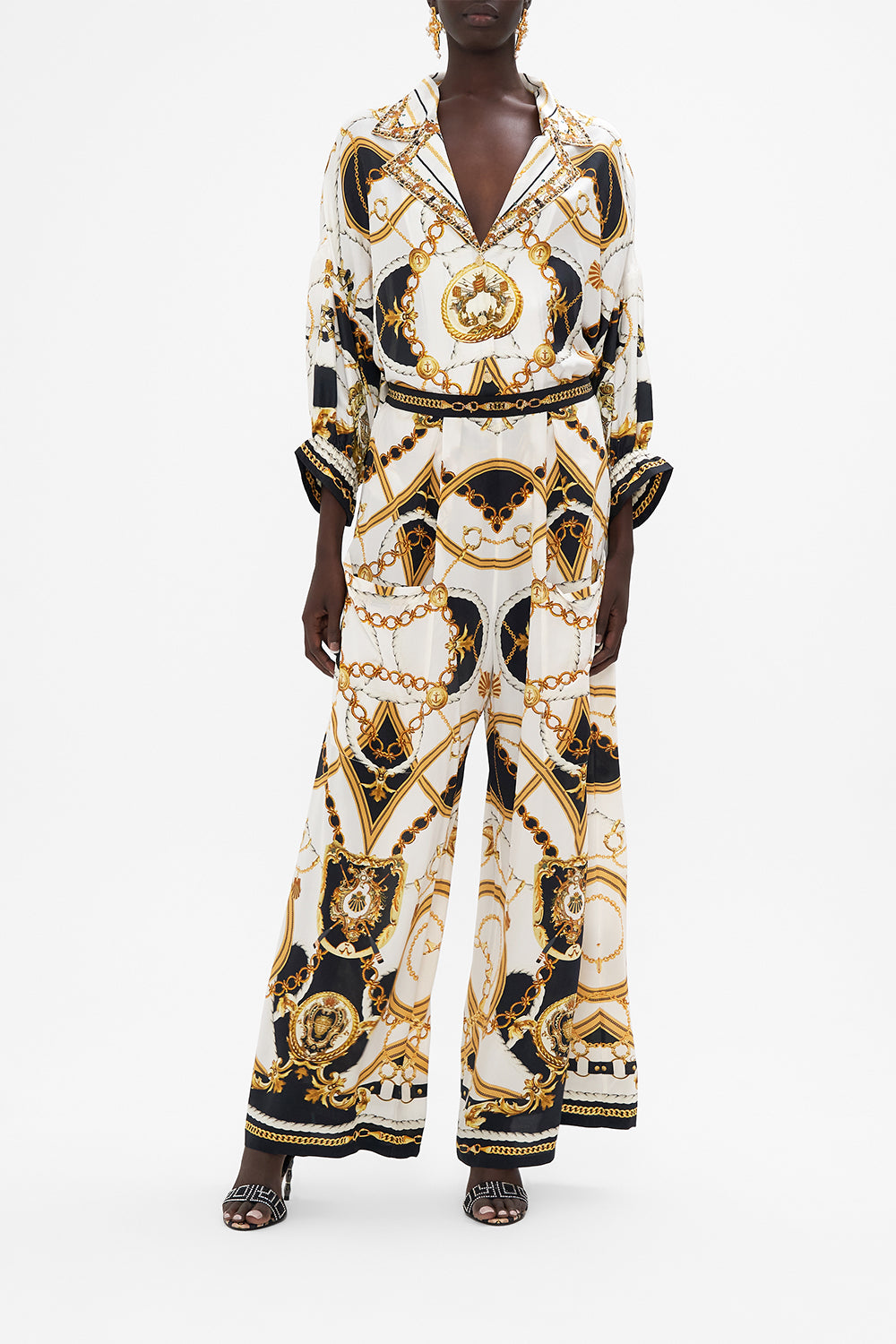 Front view of model wearing CAMILLA silk shirt in Sea Charm print