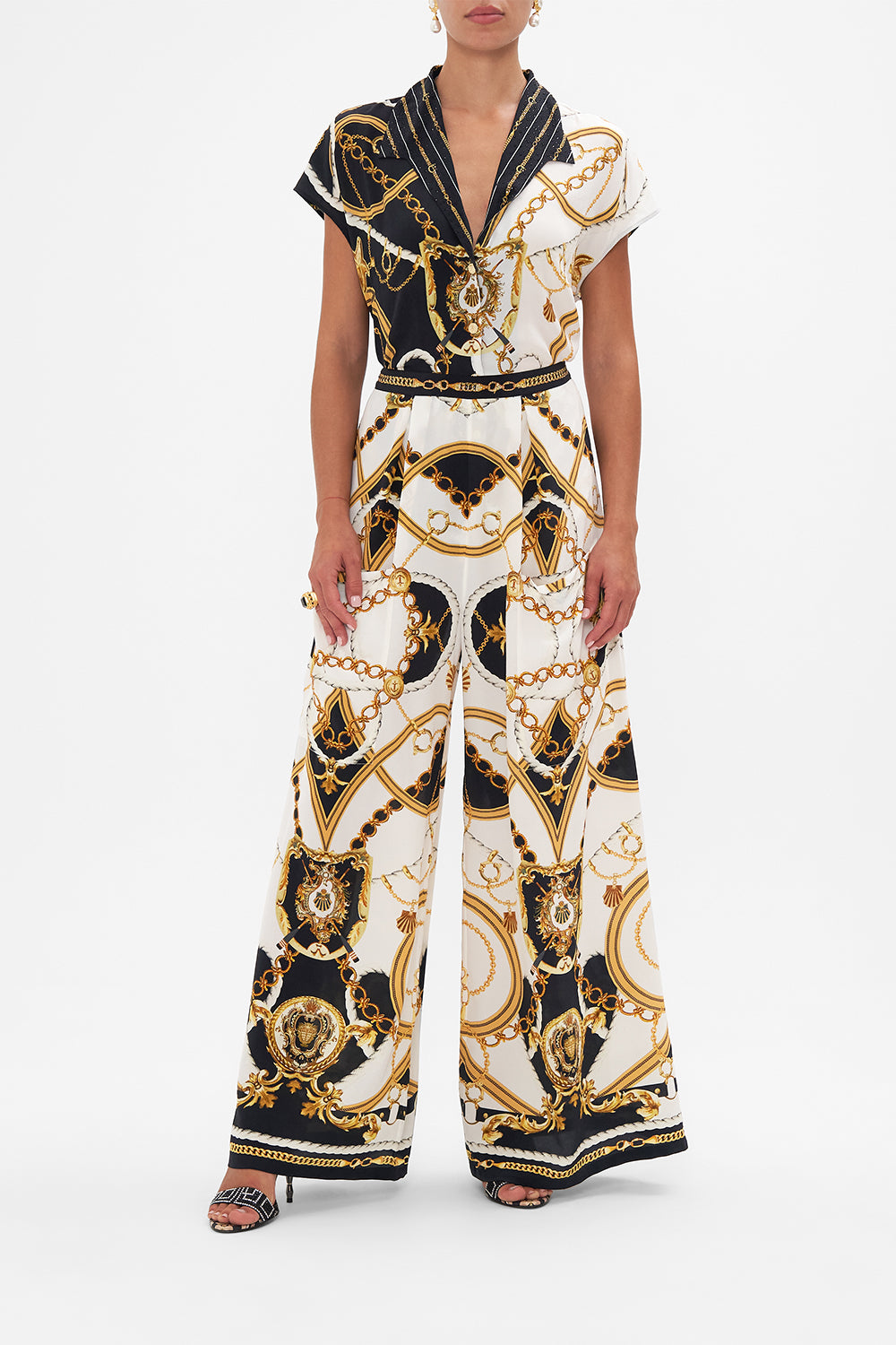 Front view of model wearing silk shirt in Coast To Coast print