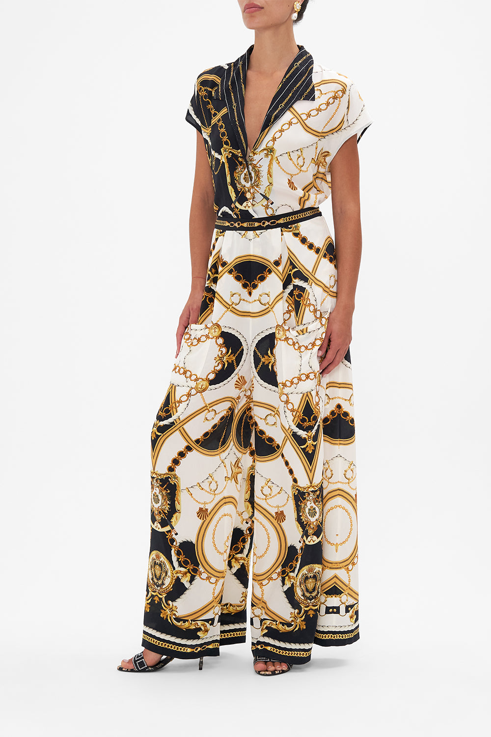 Side view of model wearing silk shirt in Coast To Coast print