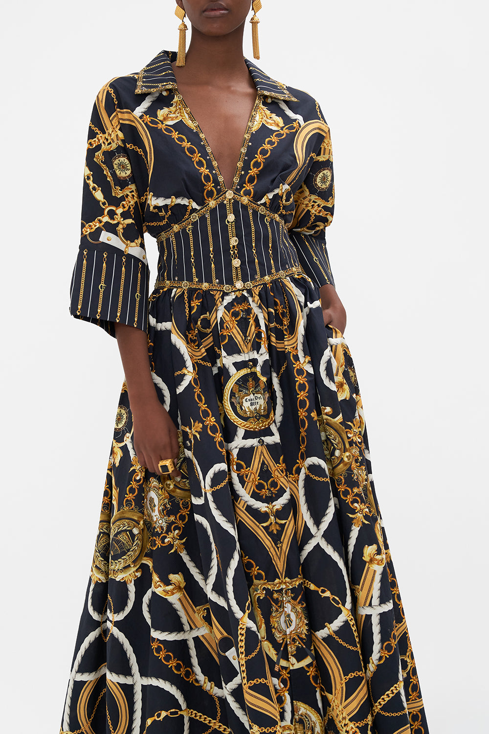 Crop view of model wearing CAMILLA silkmidi dress in Coast To Coast print