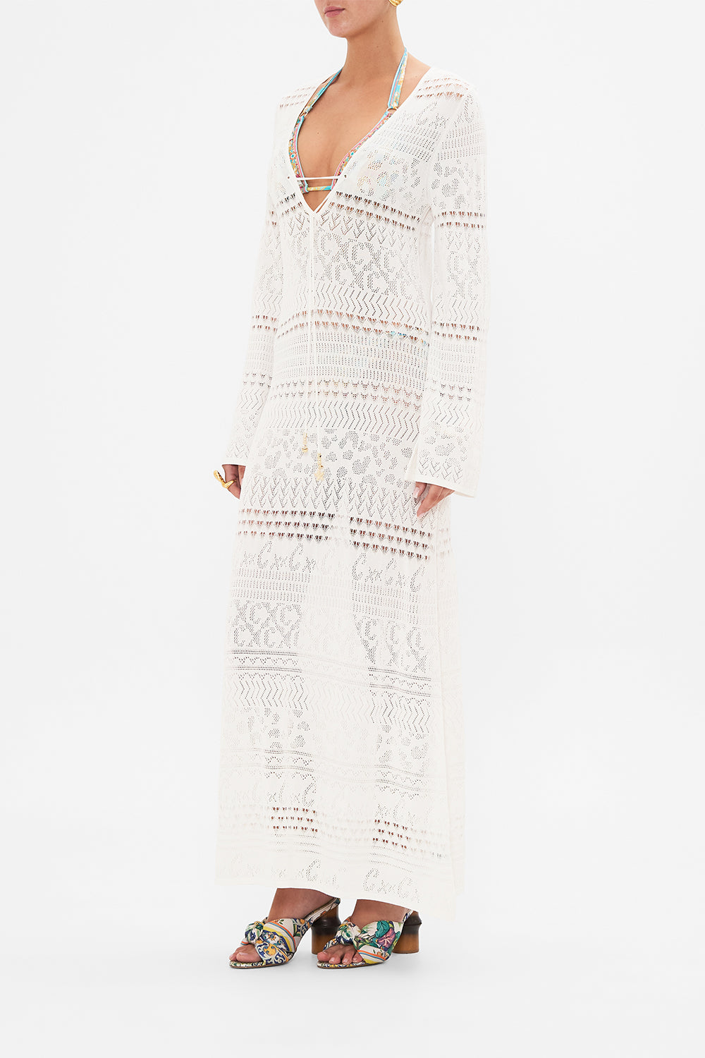 Side view of model wearing CAMILLA pointelle knit dress in Sea Charm