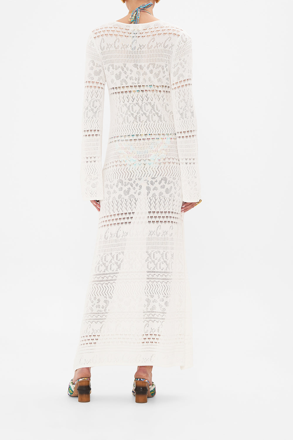 Back view of model wearing CAMILLA pointelle knit dress in Sea Charm