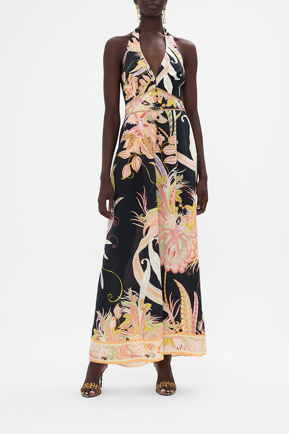 Front view of model wearing CAMILLA silk jumpsuit in Lady of The Moon print