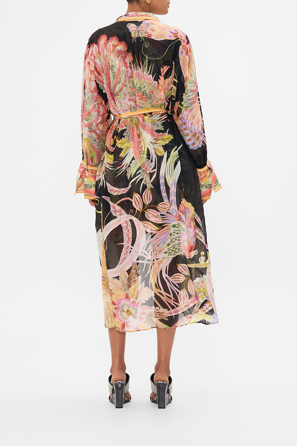 Back view of model wearing CAMILLA silk kimonop layer in Lady of the Moon print