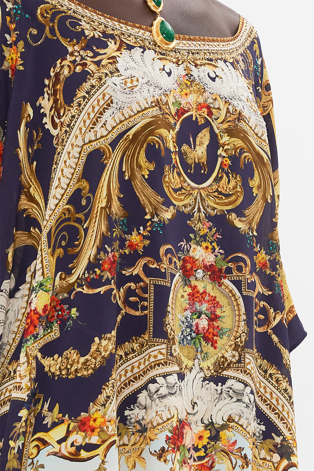 Detail view of model wearing CAMILLA silk kaftan in Venice Vignette print