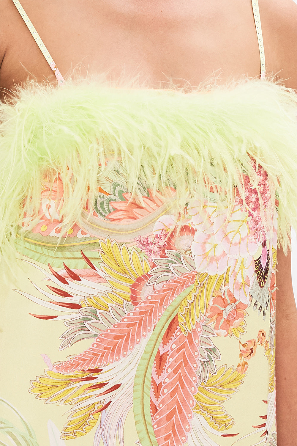 Detail view model wearing CAMILLA silk midi dress in Cosmic Tuscan print