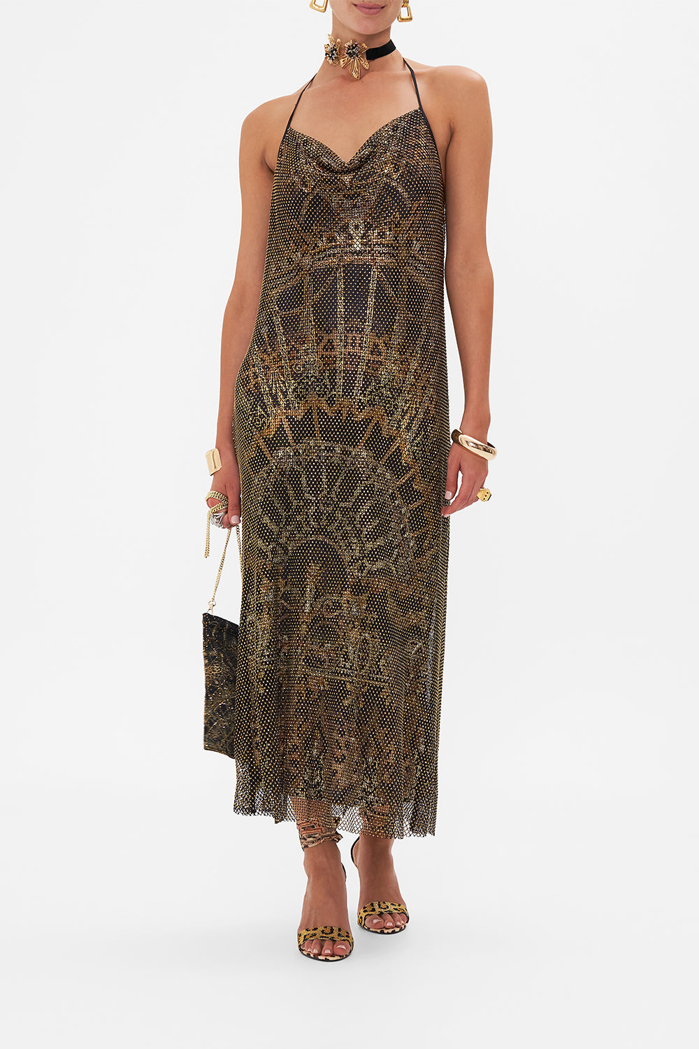 Front view of model wearing CAMILLA crystal mesh dress in Masked At Moonlight print