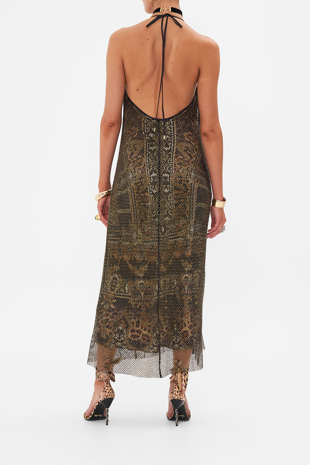 Back view of model wearing CAMILLA crystal mesh dress in Masked At Moonlight print