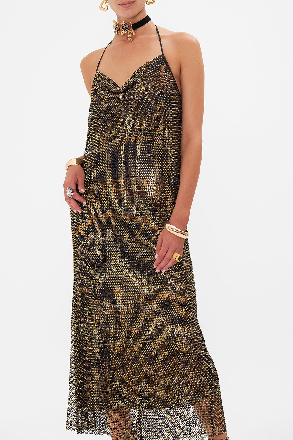 Side view of model wearing CAMILLA crystal mesh dress in Masked At Moonlight print