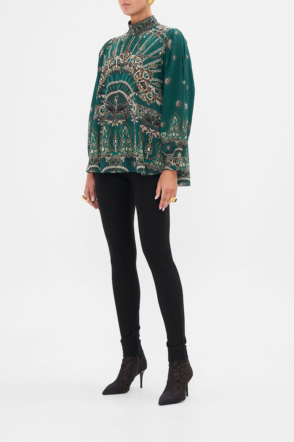 Side view of model wearing CAMILLA silk blouse in A Venice Veil print