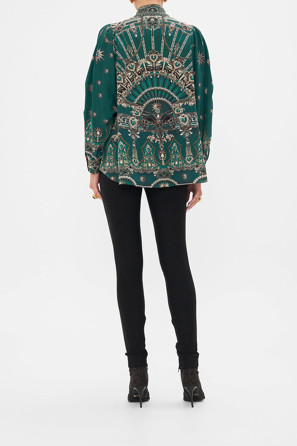 Back view of model wearing CAMILLA silk blouse in A Venice Veil print