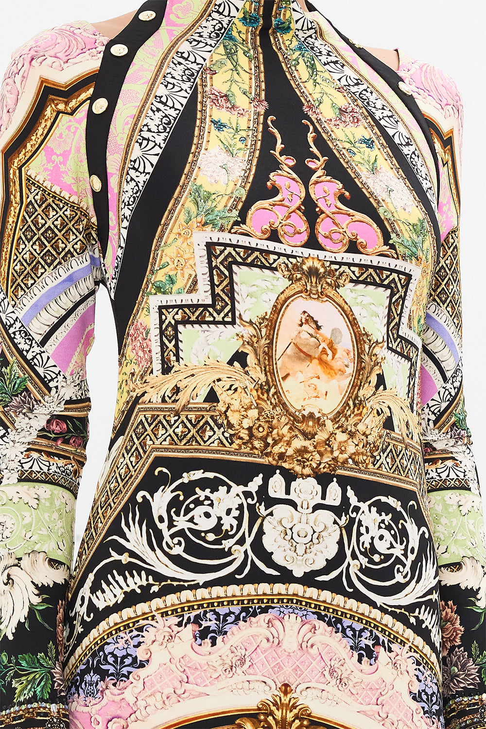 Detail view of model wearing CAMILLA cut out jersey dress in Florence Field Day print