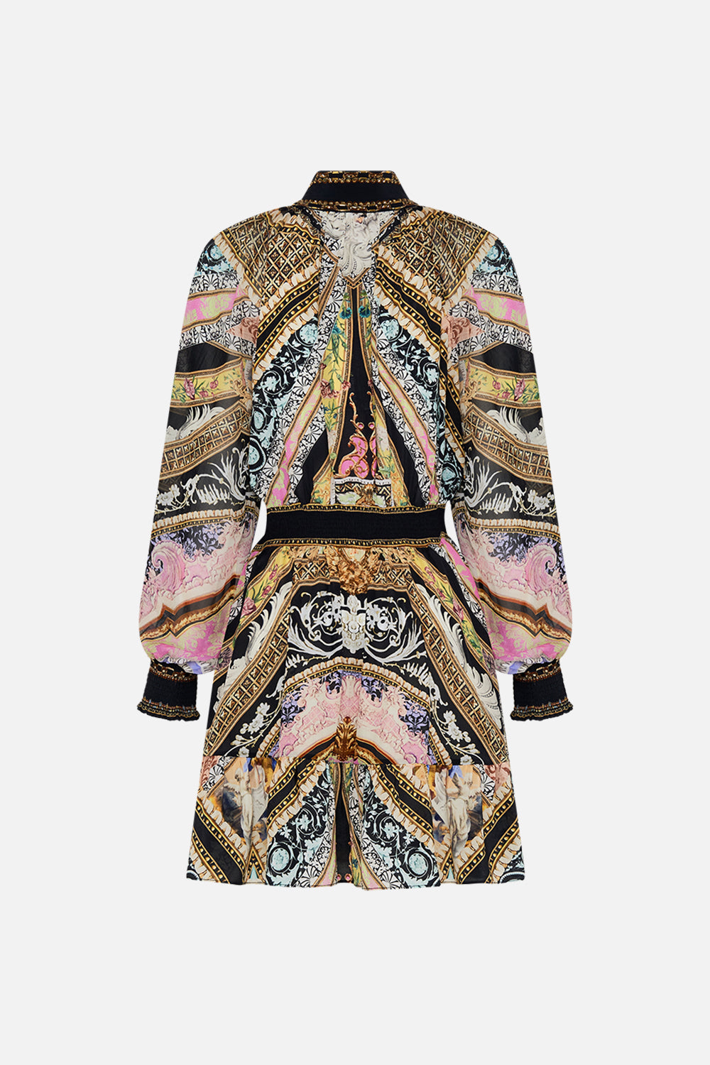 SHIRRED WAIST HIGH NECK MINI DRESS FLORENCE FIELD DAY