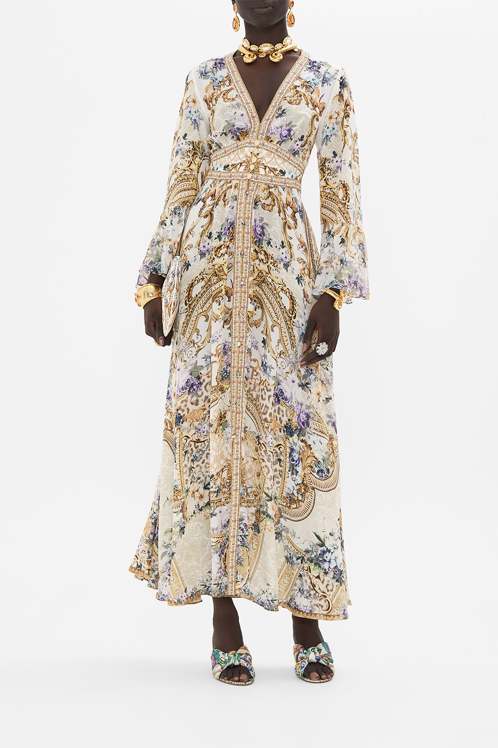 Front view of model wearing CAMILLA silk ruffle dressin Palazzo Playdate print