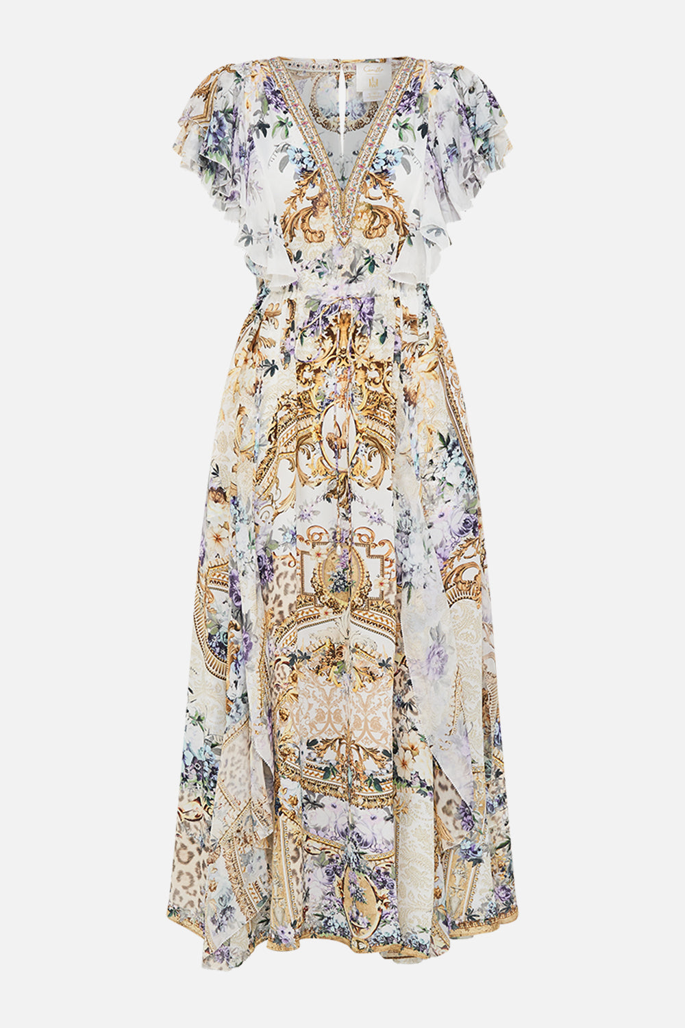 Product view of CAMILLA silk ruffle dress in Palazzo Play Date print